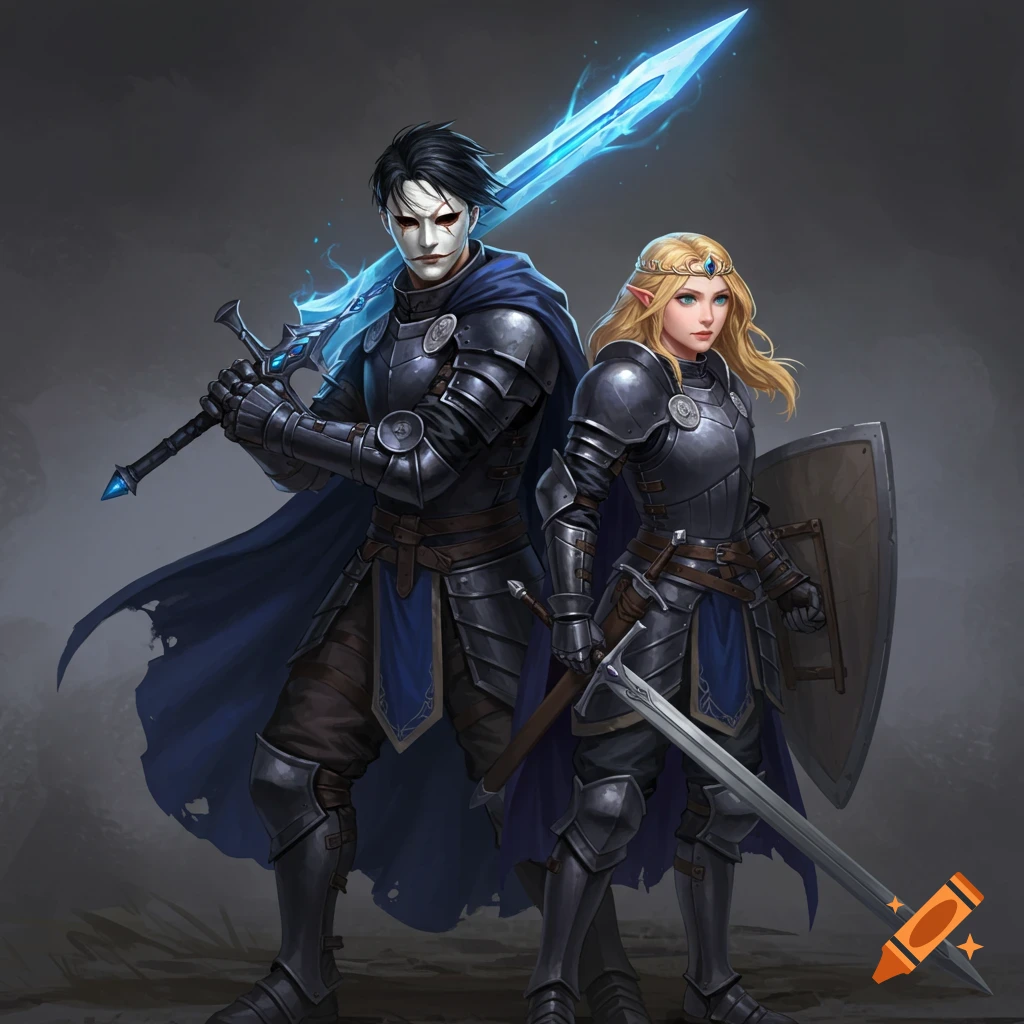 Two fantasy warriors in dark armor with swords and shield