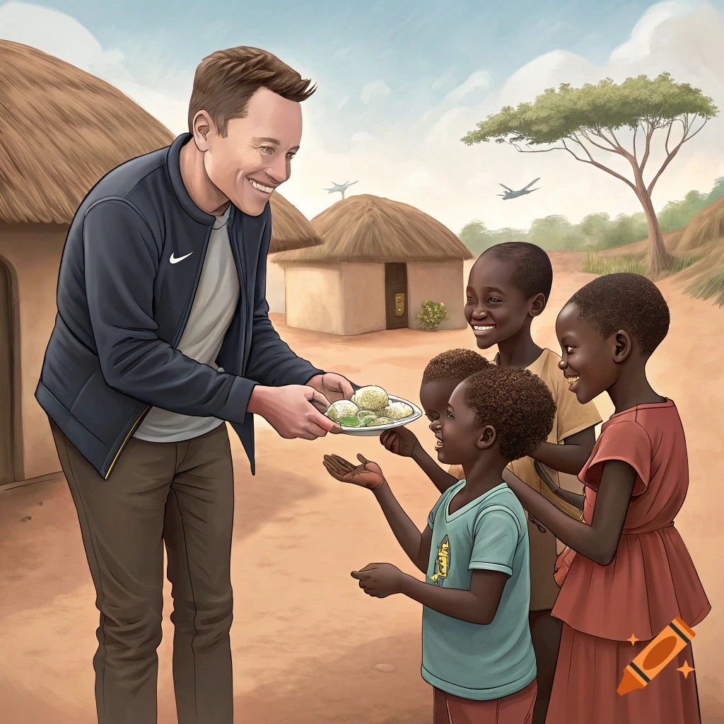 Illustration of Elon Musk giving food to children in a rural African village.