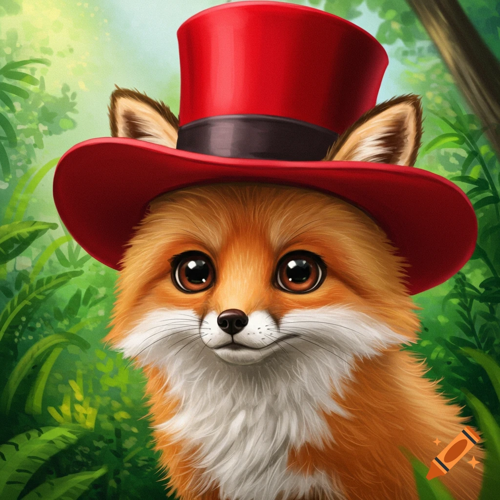 A cute fox wearing a red top hat in a forest clearing.