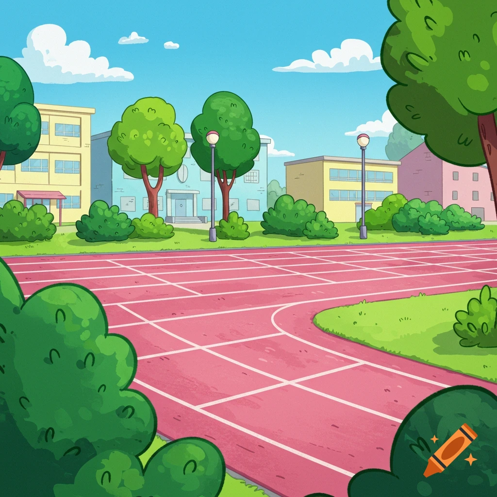 Cartoon style school track and field background with buildings and trees.