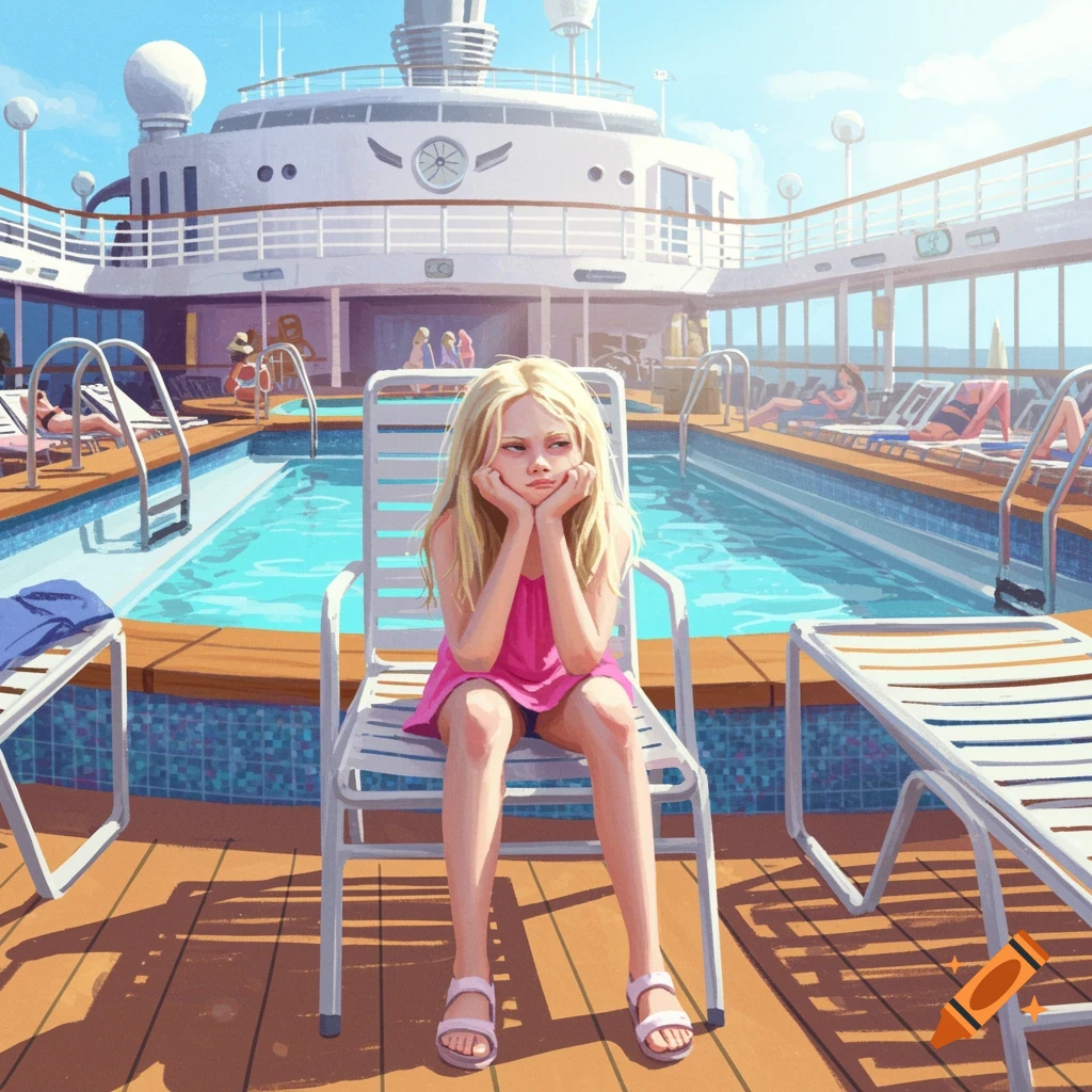 Image of a bored young girl sitting by a pool on a cruise ship.