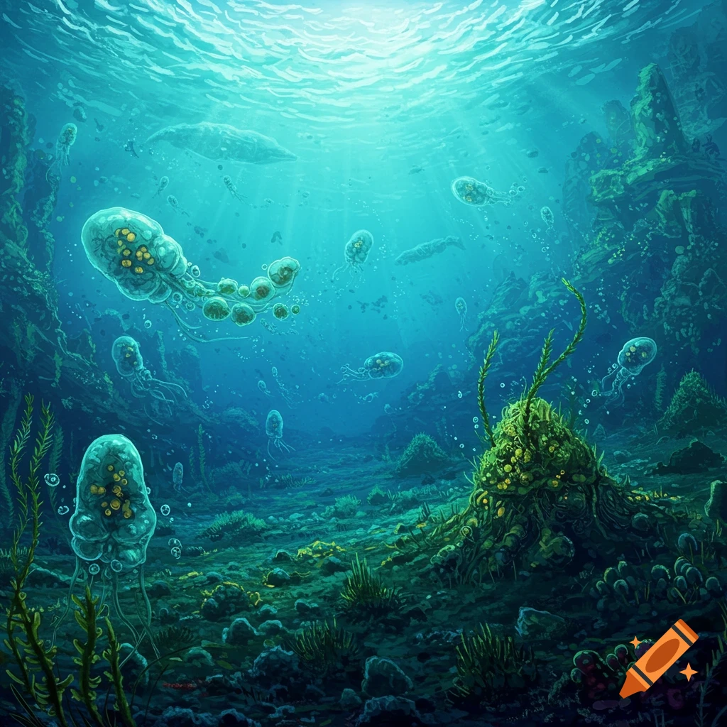 Strange jellyfish-like creatures in a dark prehistoric deep sea environment.