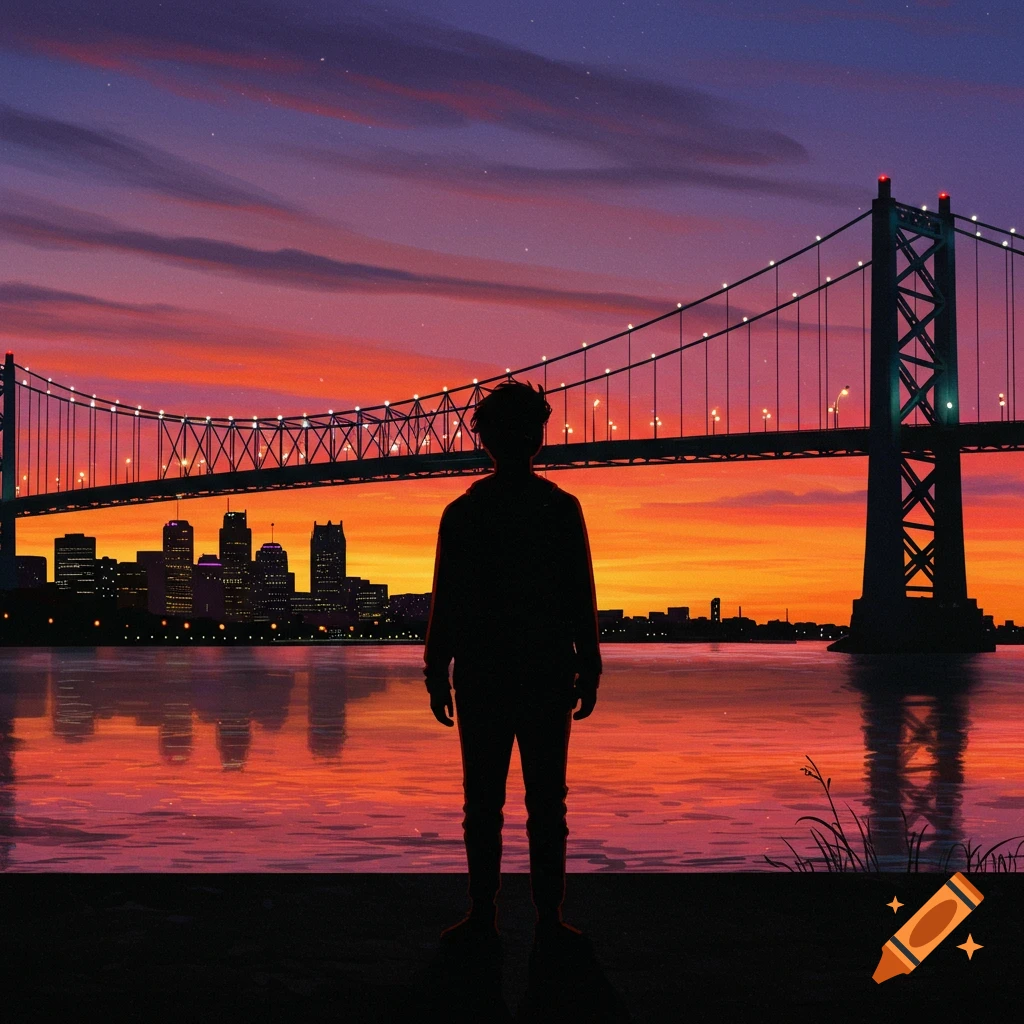 Silhouette stands before city skyline and bridge at sunset in digital art style.