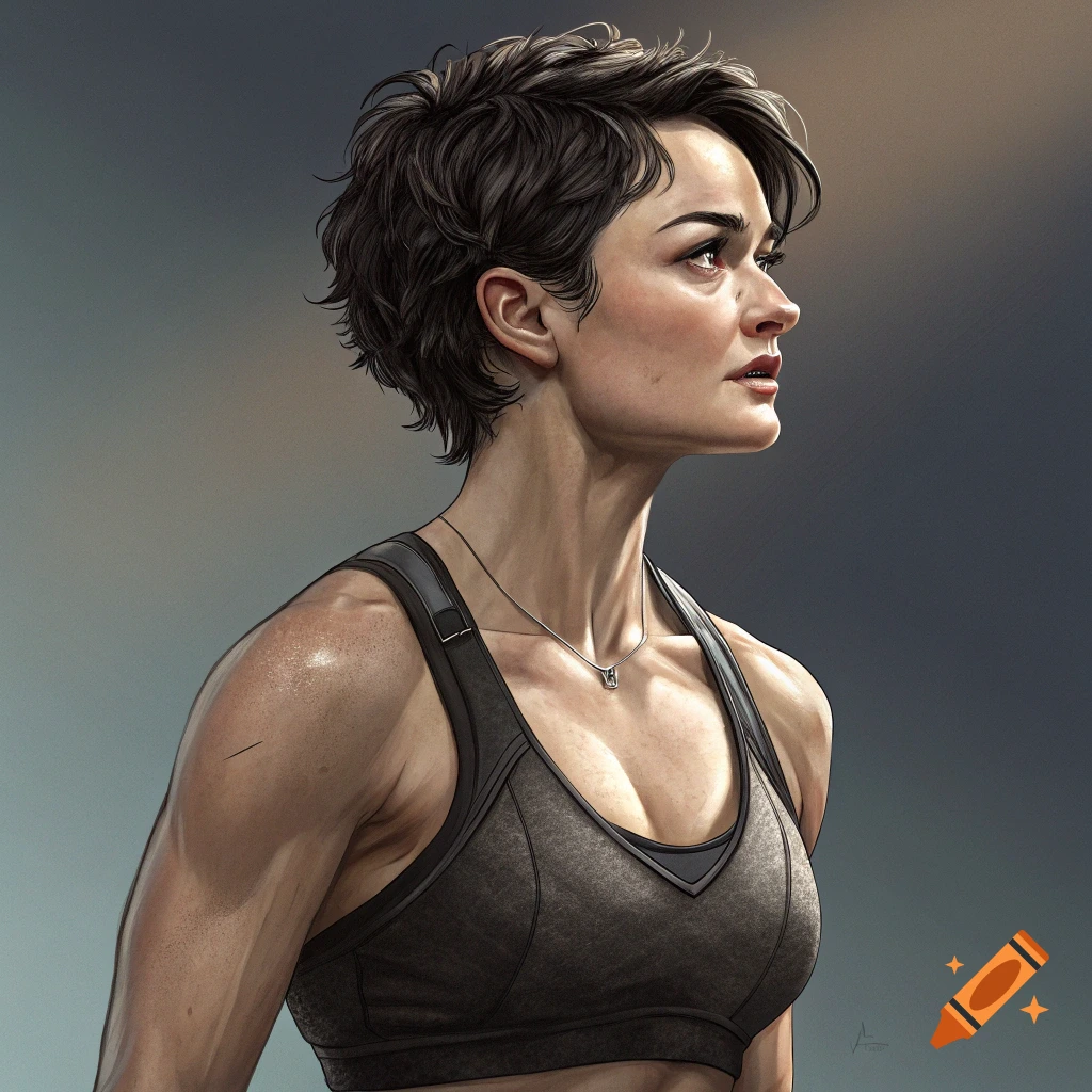 A muscular woman with short dark hair wearing a sports bra looks away, in a realistic style.
