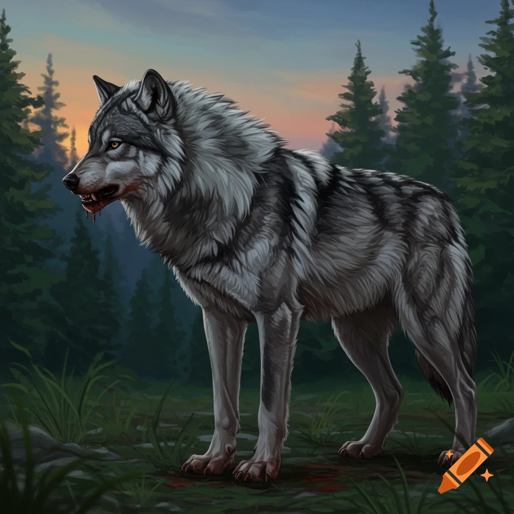 A snarling wolf with blood on its mouth in a forest at dusk.