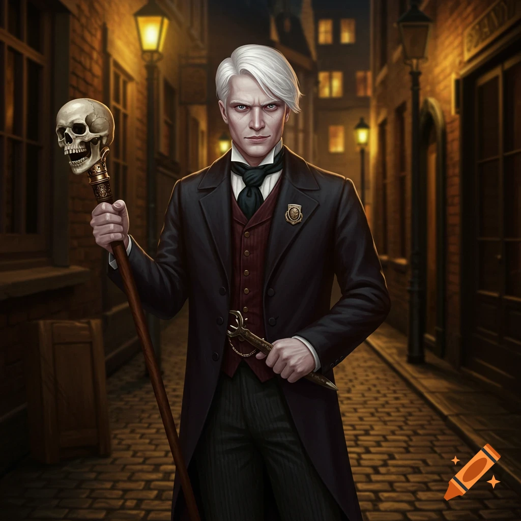 A man in Victorian clothing holds a skull-topped cane in a dark alley.