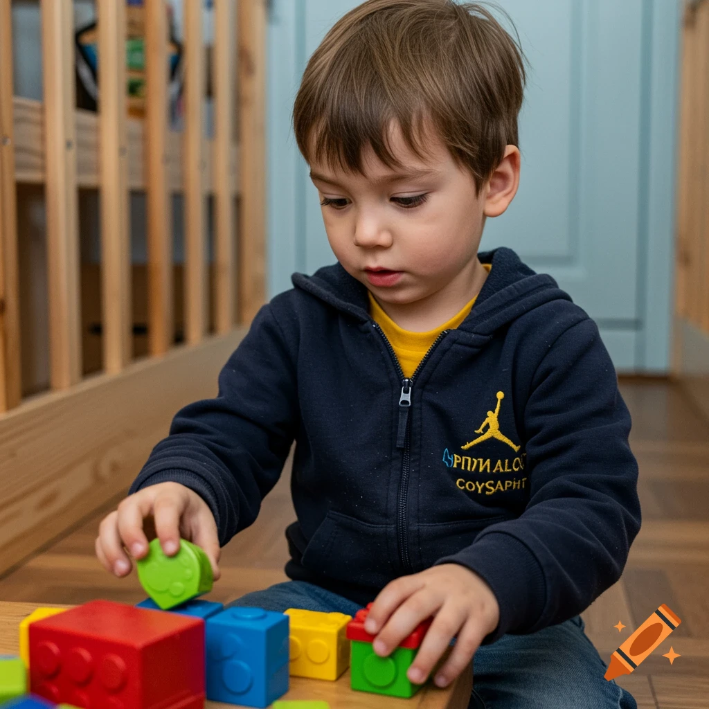 Little boy in blue hoodie playing with colorful building blocks