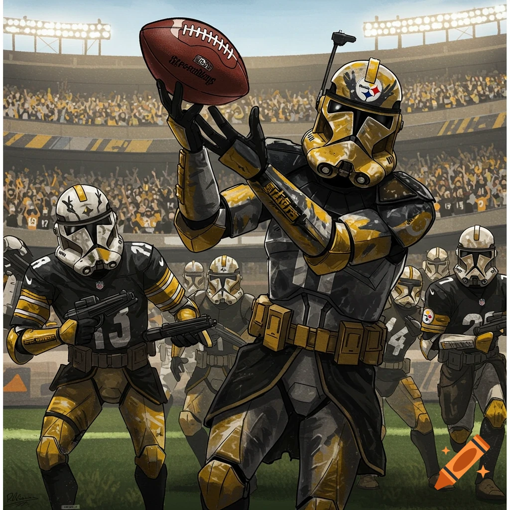 Star Wars Clone Troopers in Pittsburgh Steelers football uniforms playing in a stadium