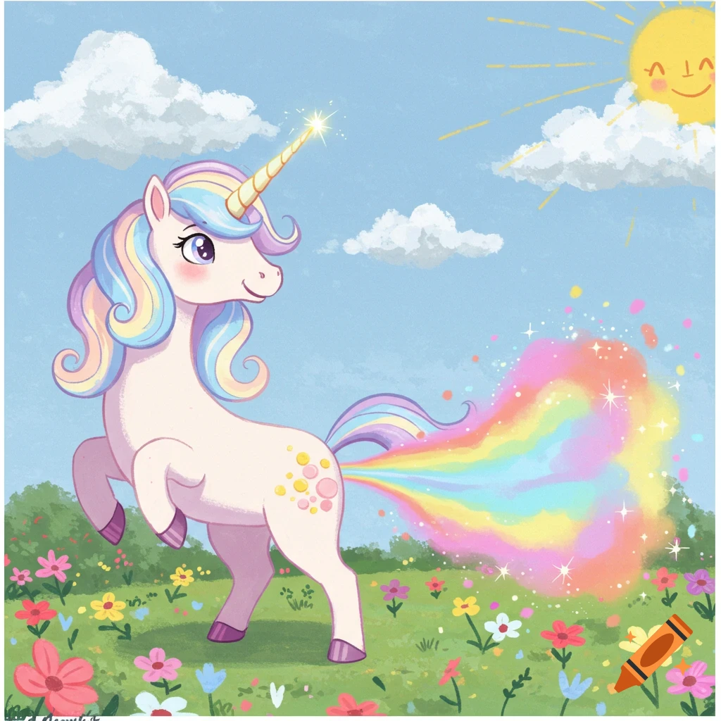 Cartoon unicorn farting rainbows in a sunny, flowery field.