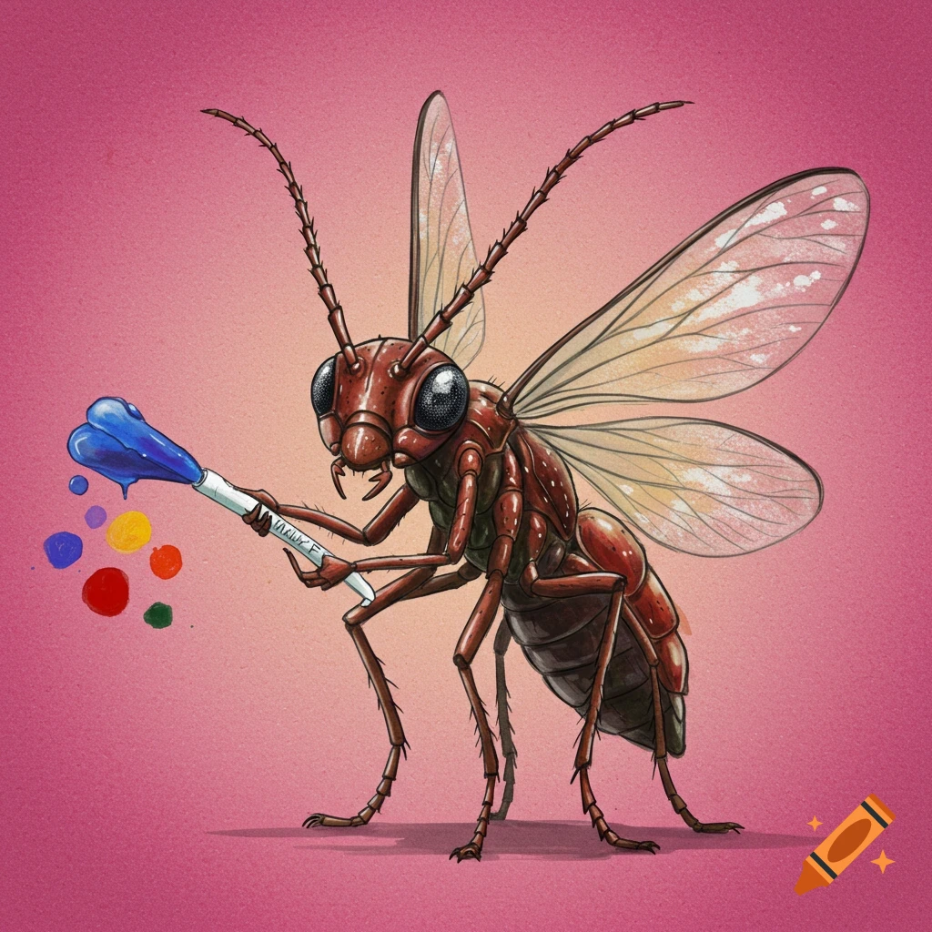 A winged insect holds a paintbrush dripping blue paint onto colorful dots.