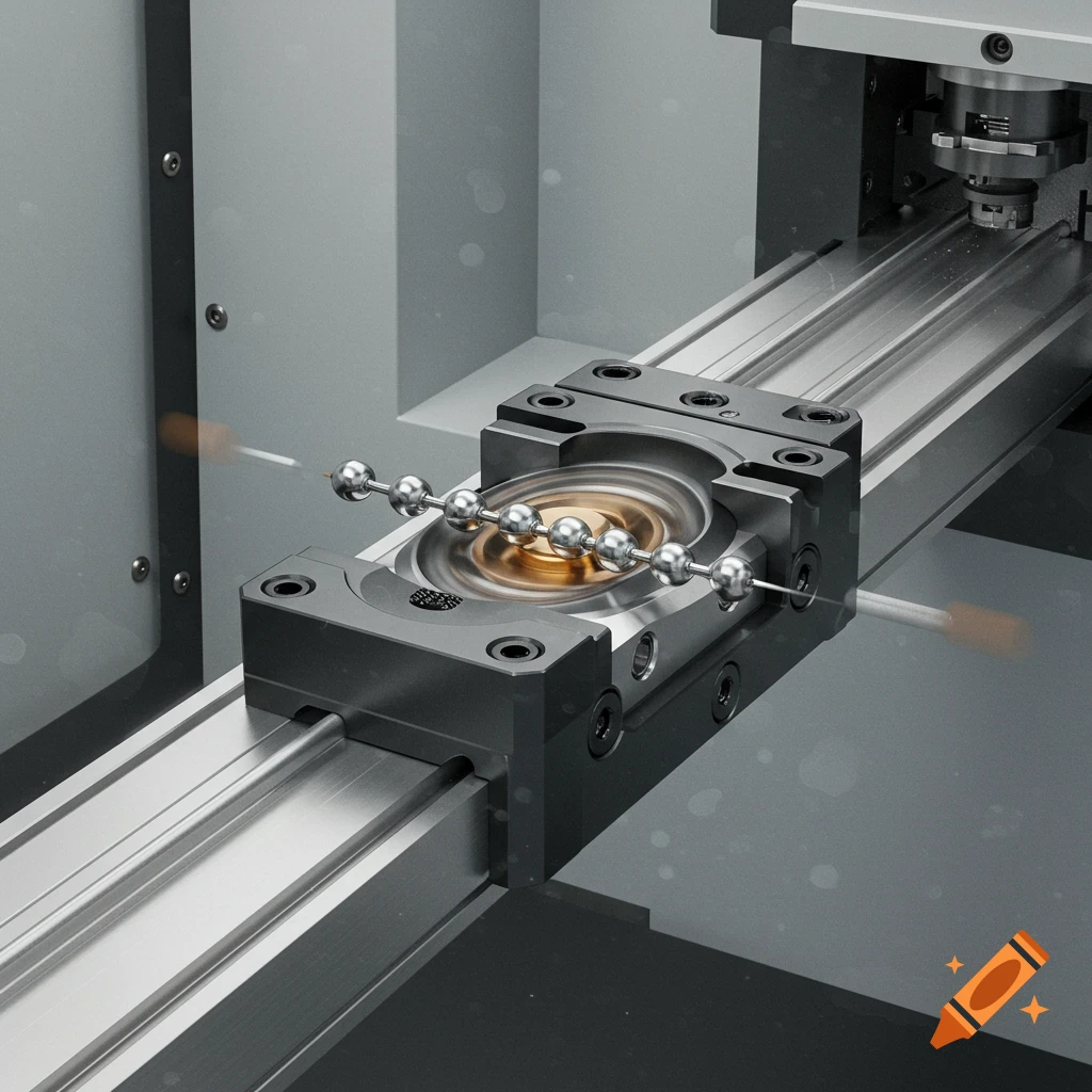 Close-up of a linear ball guide mechanism with metal balls on a track and a gold spindle, in a machine setting.