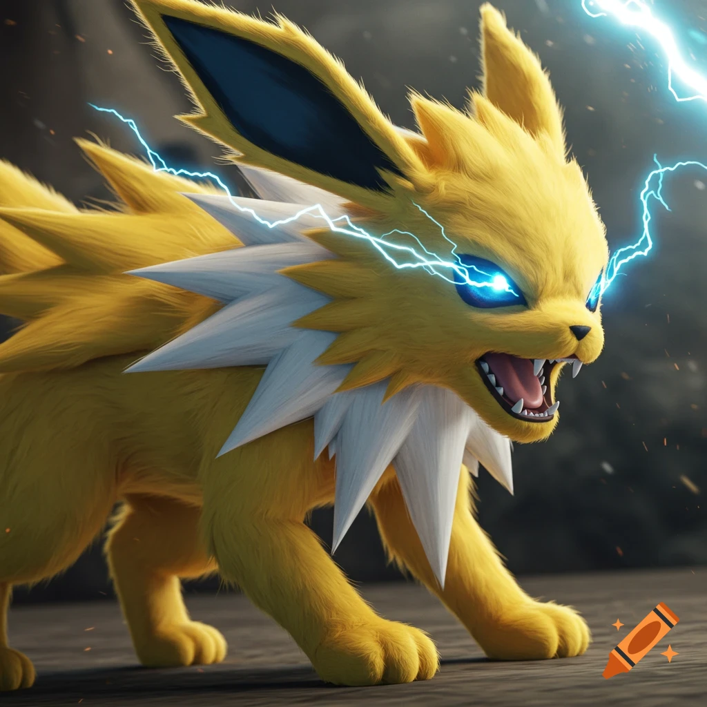 A yellow Pokémon with white spikes growls, electricity sparking around its head.