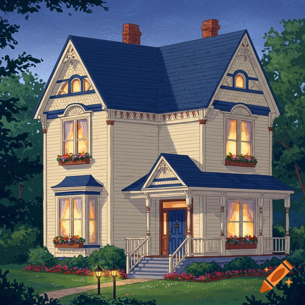 A large, illuminated Victorian house at dusk, surrounded by trees and garden.
