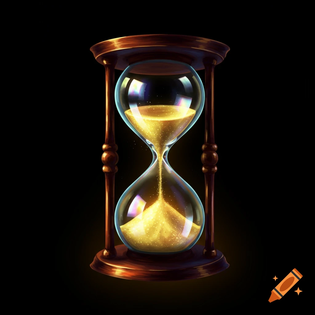 A glowing hourglass against a black background.