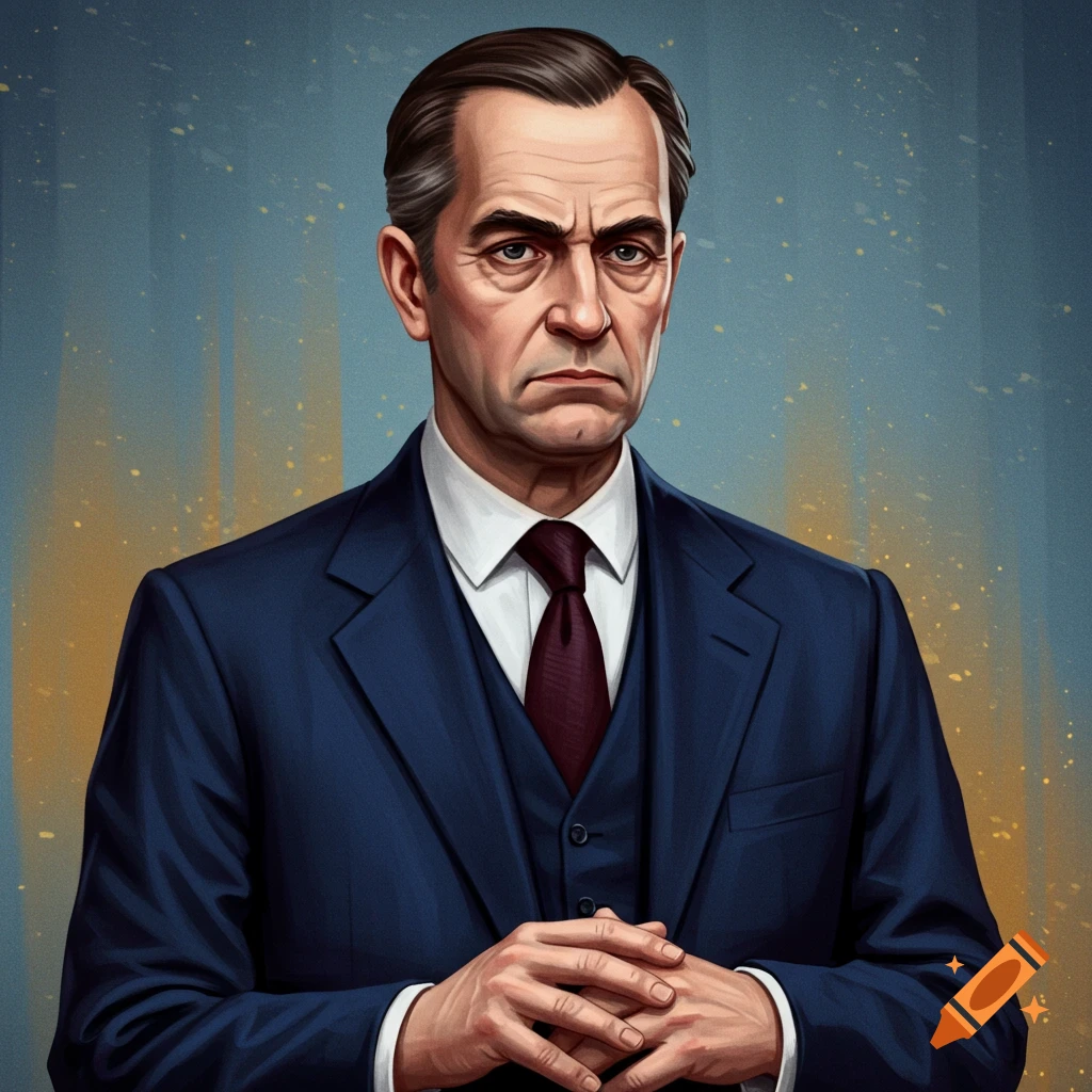 Portrait of a stern man in a dark suit.