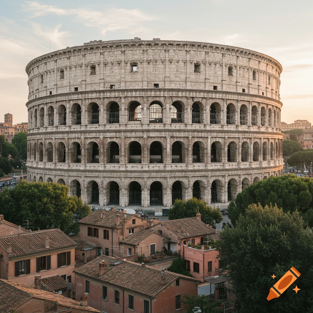A photorealistic view of the Colosseum at sunset, with trees and buildings in the foreground.