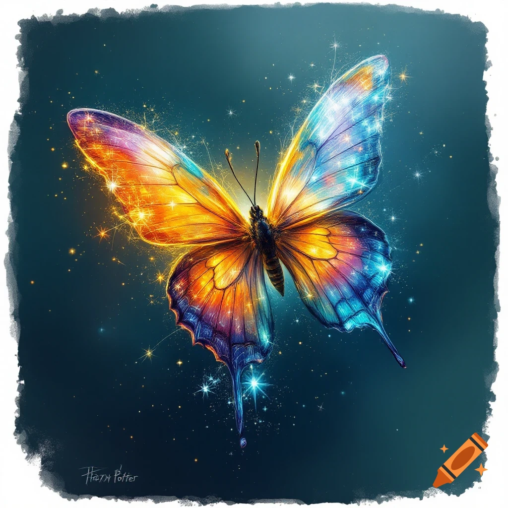 A vibrant, sparkly butterfly with wings of orange, yellow, blue, and purple flies on a dark background.