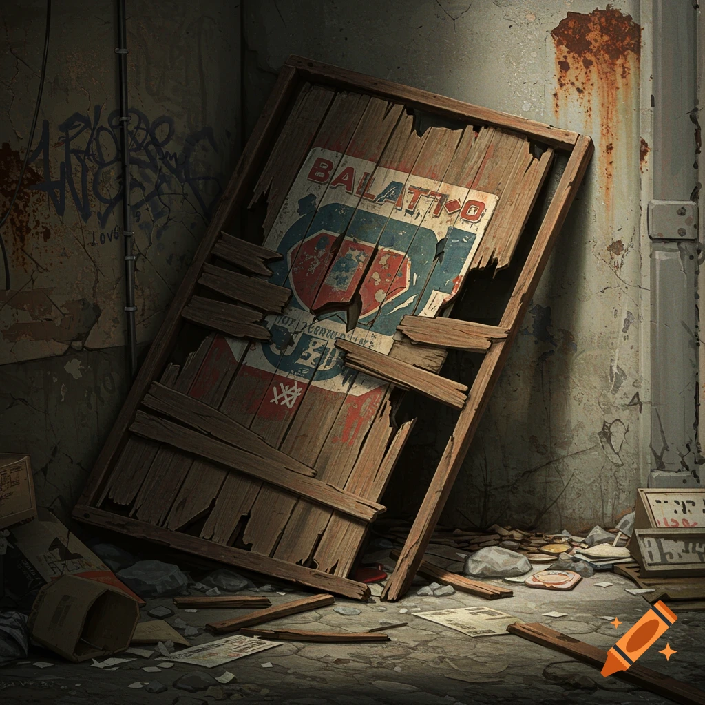 A broken wooden crate with a logo and garbled text leans against a grungy wall covered in graffiti, surrounded by debris.
