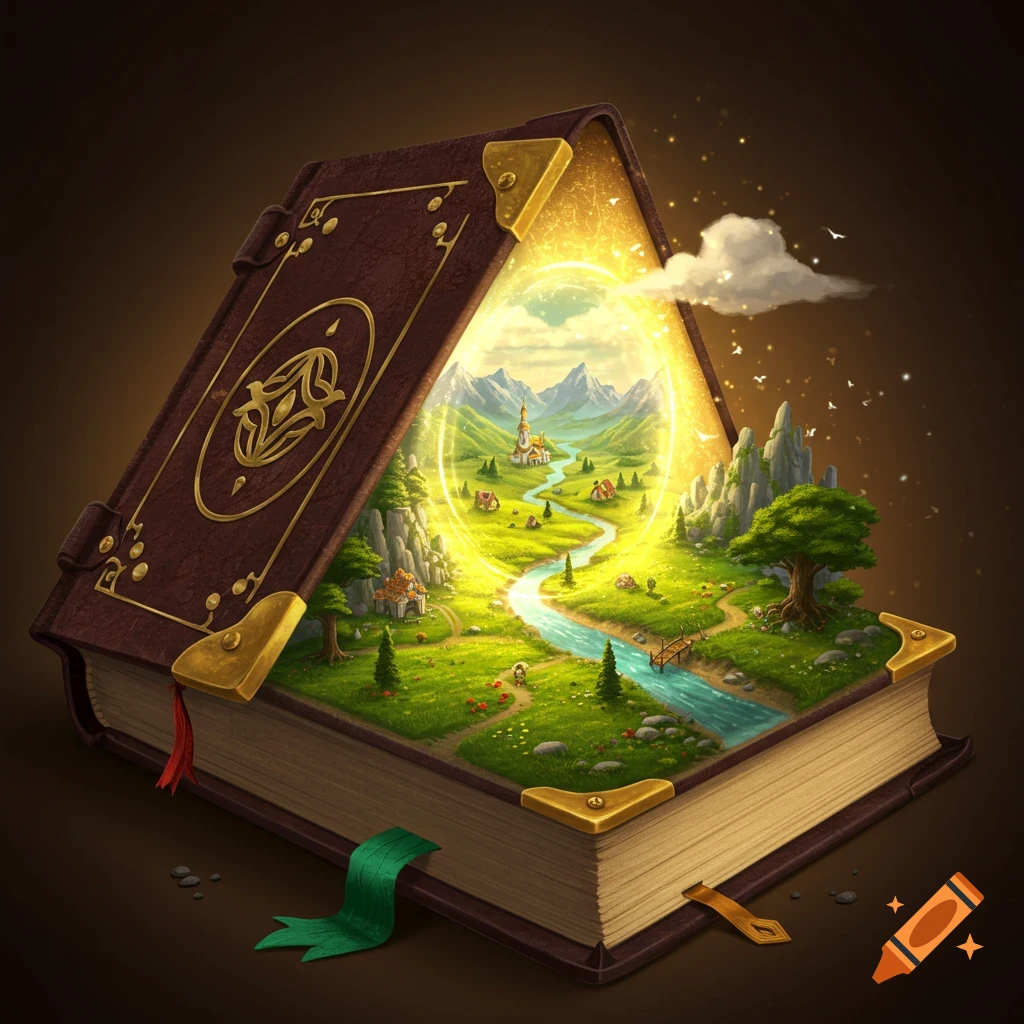 An open book reveals a vibrant fantasy landscape with mountains, a winding river, a small village, and glowing light.