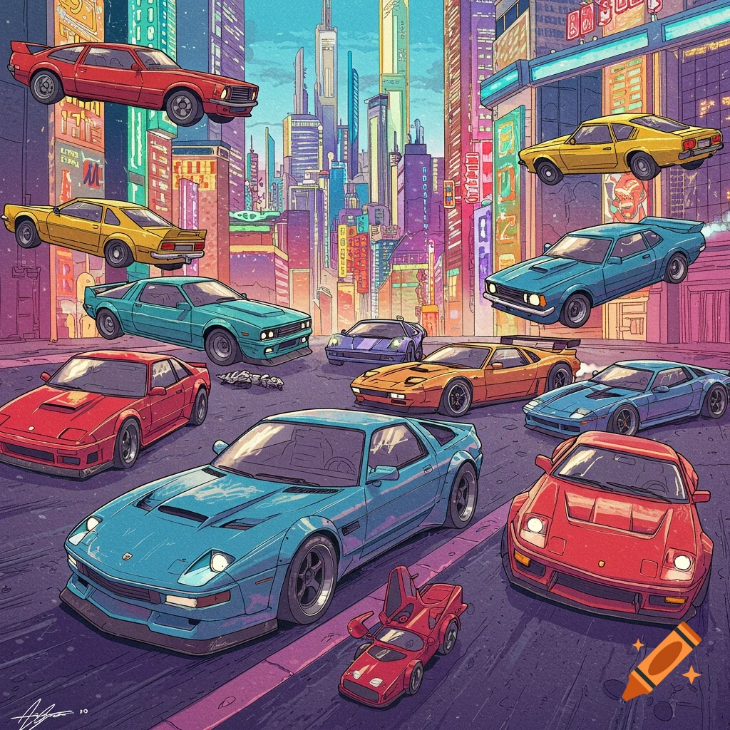 Multiple stylized cars, some airborne, on a street in a vibrant futuristic city with tall buildings, digital art.