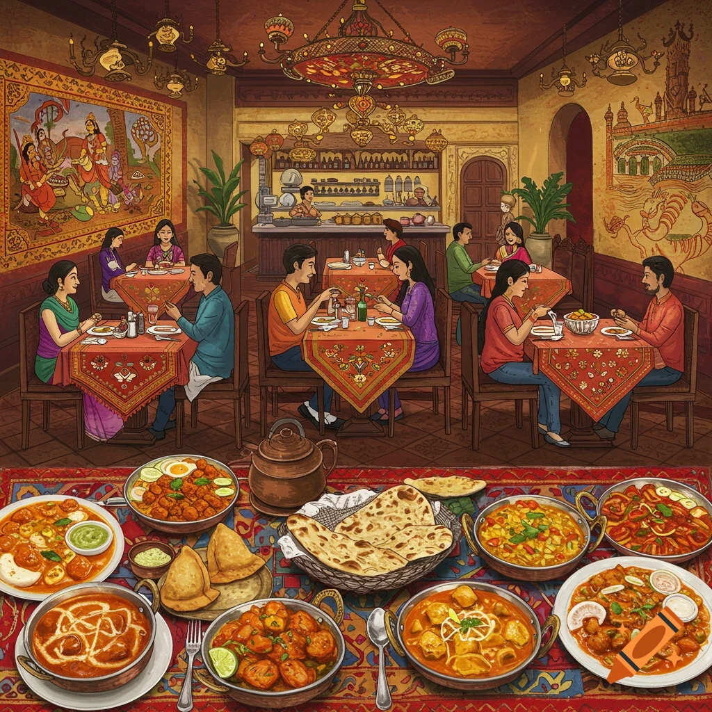 A colorful image of people dining in a vibrant Indian restaurant with a large spread of food in the foreground.