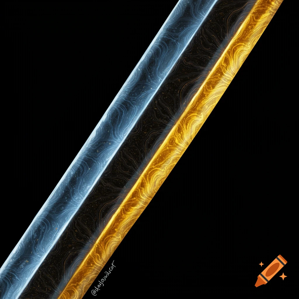 Close up of two detailed sword blades with swirling patterns, one blue and one gold, against a black background.