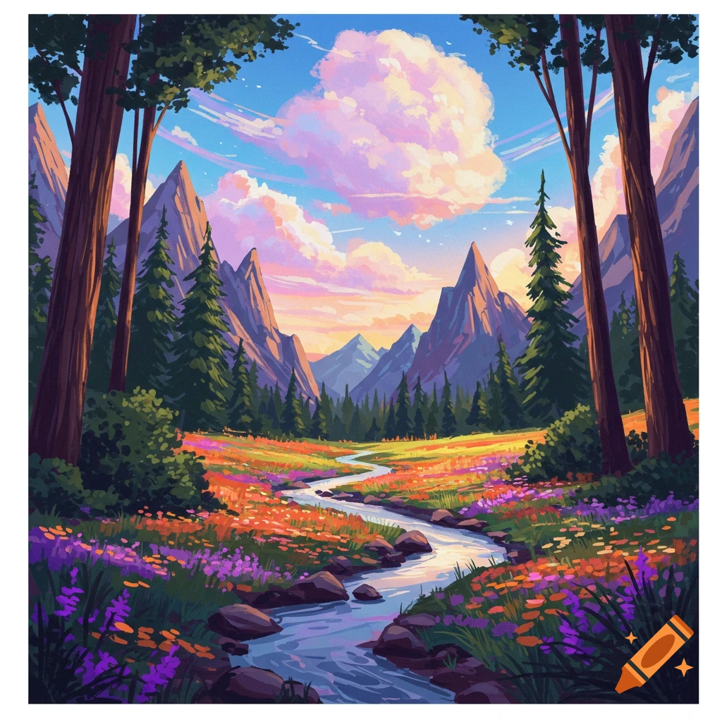 A river flows through a colorful mountain meadow framed by trees.