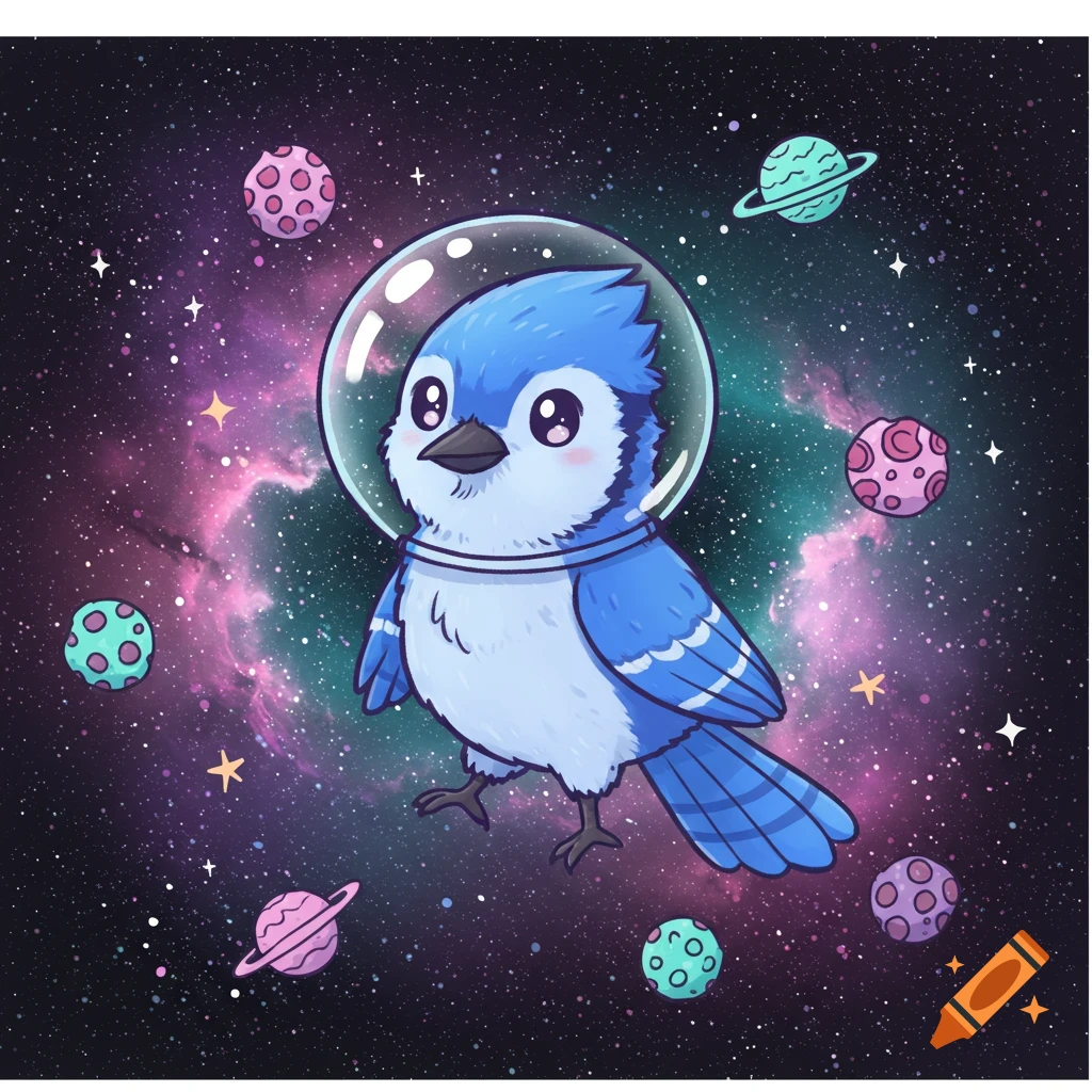 Cute cartoon bluejay in a space helmet floats among colorful planets and stars.