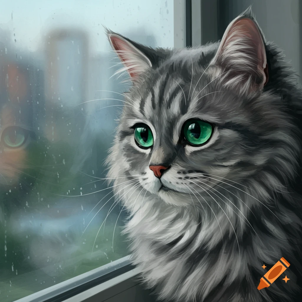 A fluffy grey cat with green eyes looks out a rainy window.
