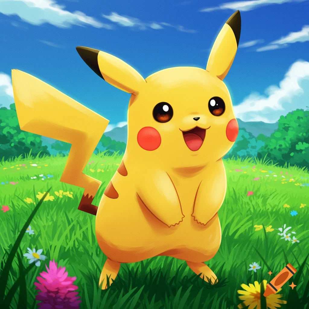 Pikachu stands in a grassy meadow with wildflowers under a blue sky.