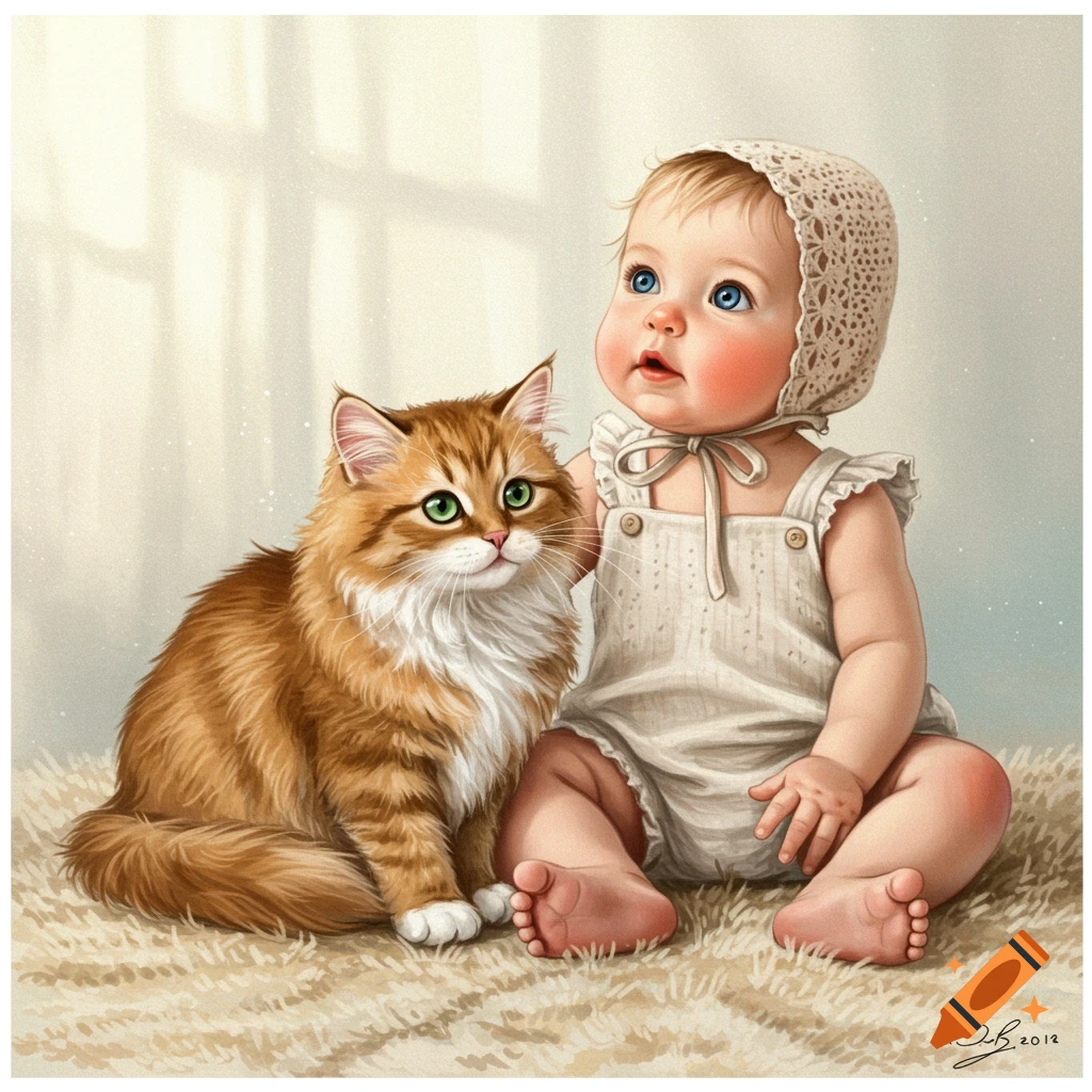 A baby in a bonnet sitting next to a fluffy ginger cat.