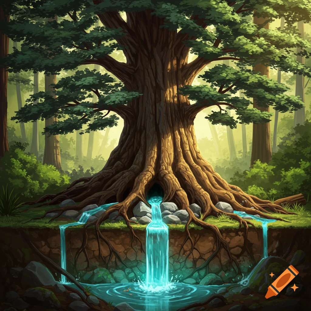 A large tree with water flowing from its roots into a pool in a forest setting.