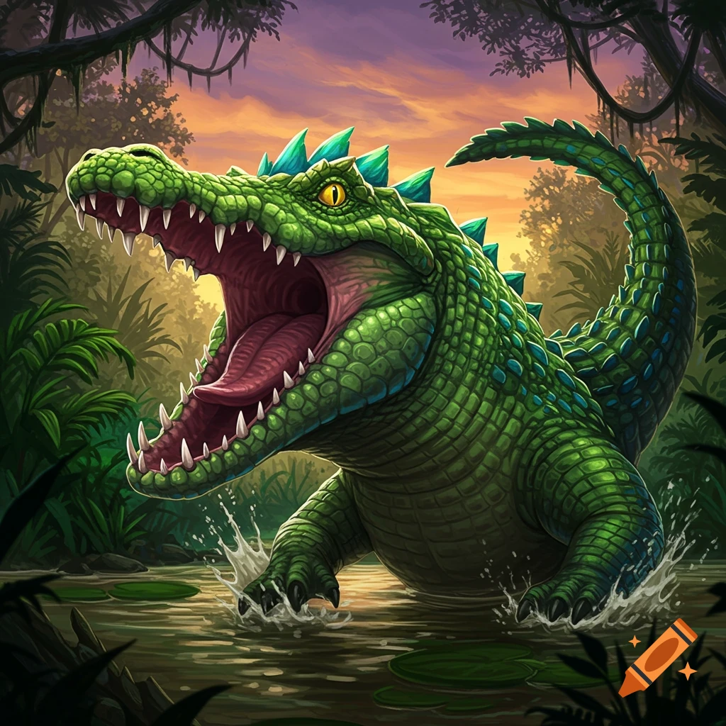 A cartoonish green crocodile with mouth open in a jungle swamp, digital illustration.