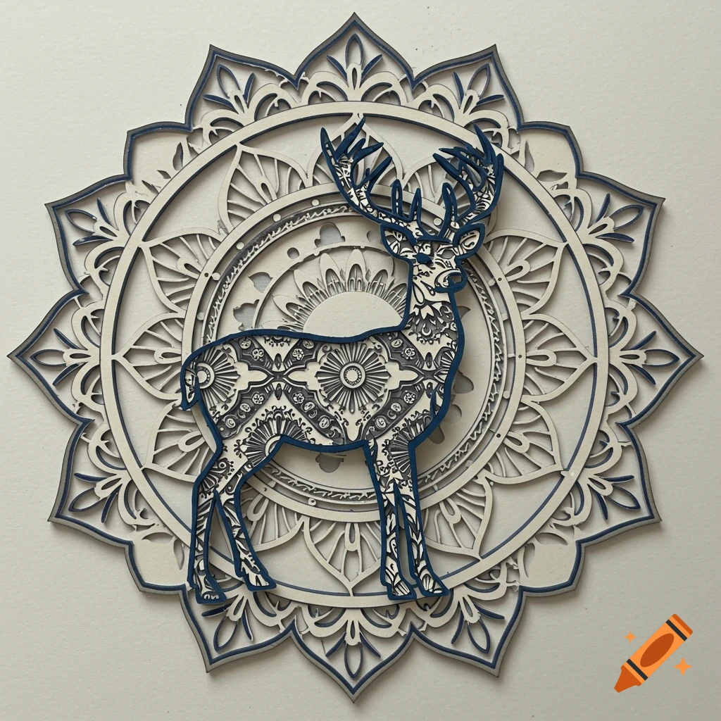 Layered paper art of a blue deer on a white mandala pattern.