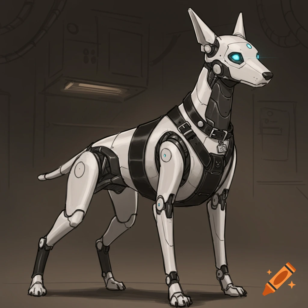 Sketch illustration of a white and black robotic dog wearing a harness and collar.