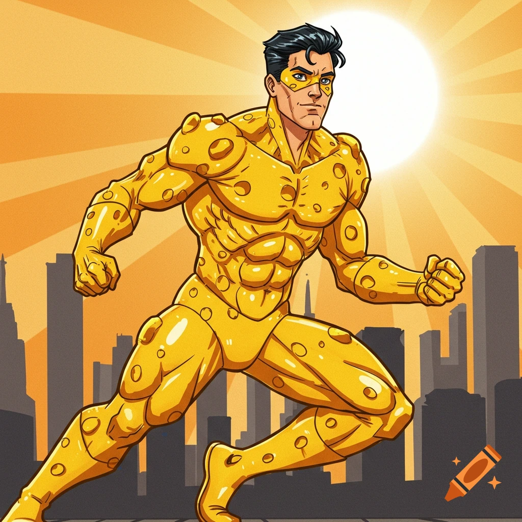 Cartoon superhero in a yellow cheese suit running past a city skyline at sunset.