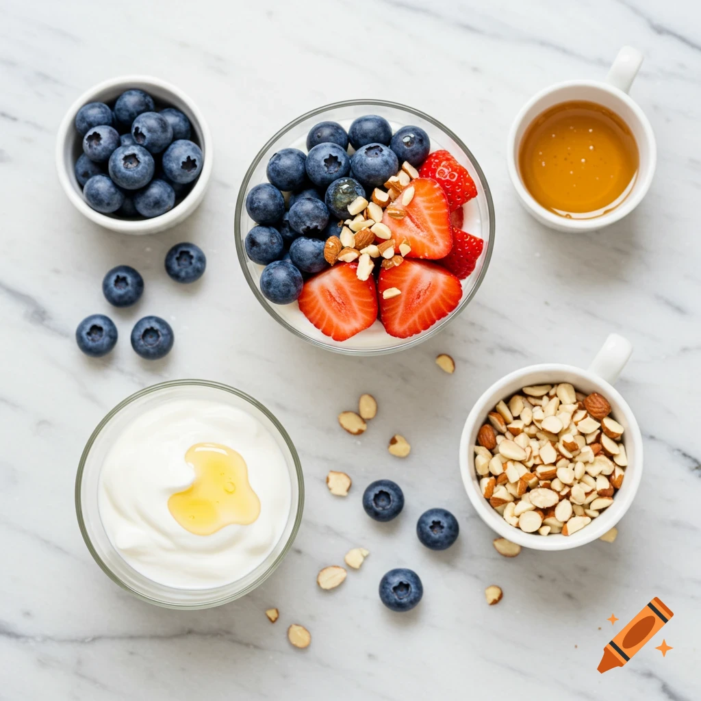 Overhead view of yogurt with honey, blueberries, strawberries, almonds, and scattered ingredients on marble.