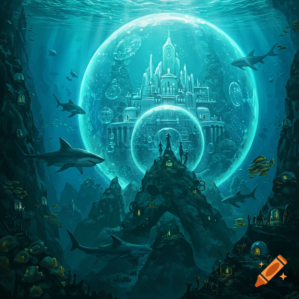An underwater city inside glowing bubbles, surrounded by rock dwellings and swimming sharks.