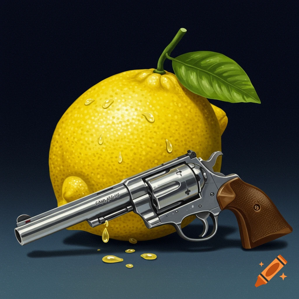A large lemon with water droplets leans against a chrome revolver on a dark surface.