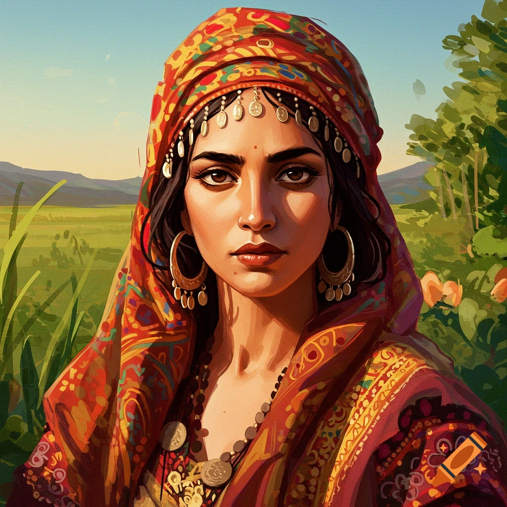 A woman in a colorful headwrap and jewelry is shown outdoors in a landscape.
