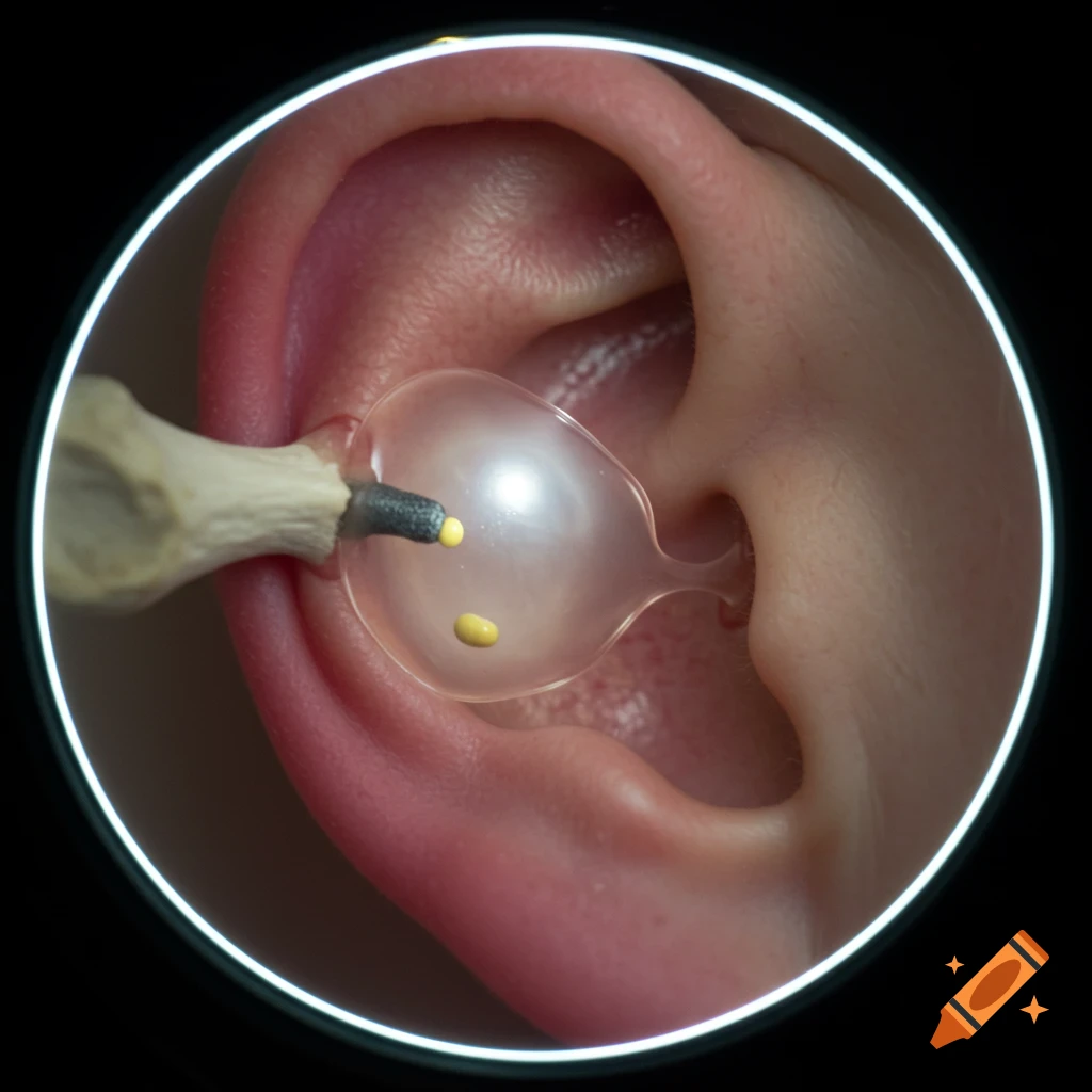 Photorealistic close-up of a human ear during earwax removal with a medical tool, seen through an otoscope.