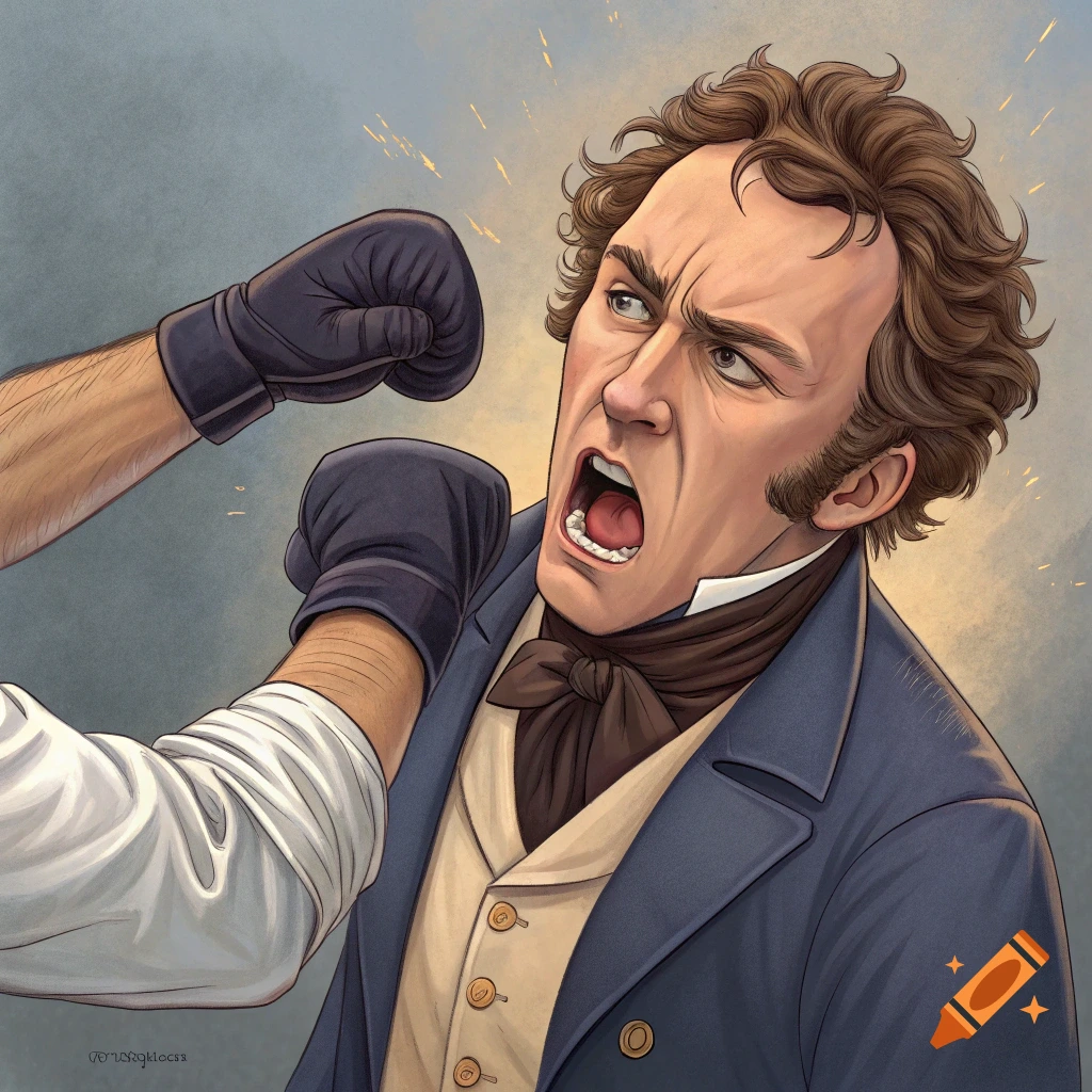 Illustration of a man in historical clothing getting punched in the face.