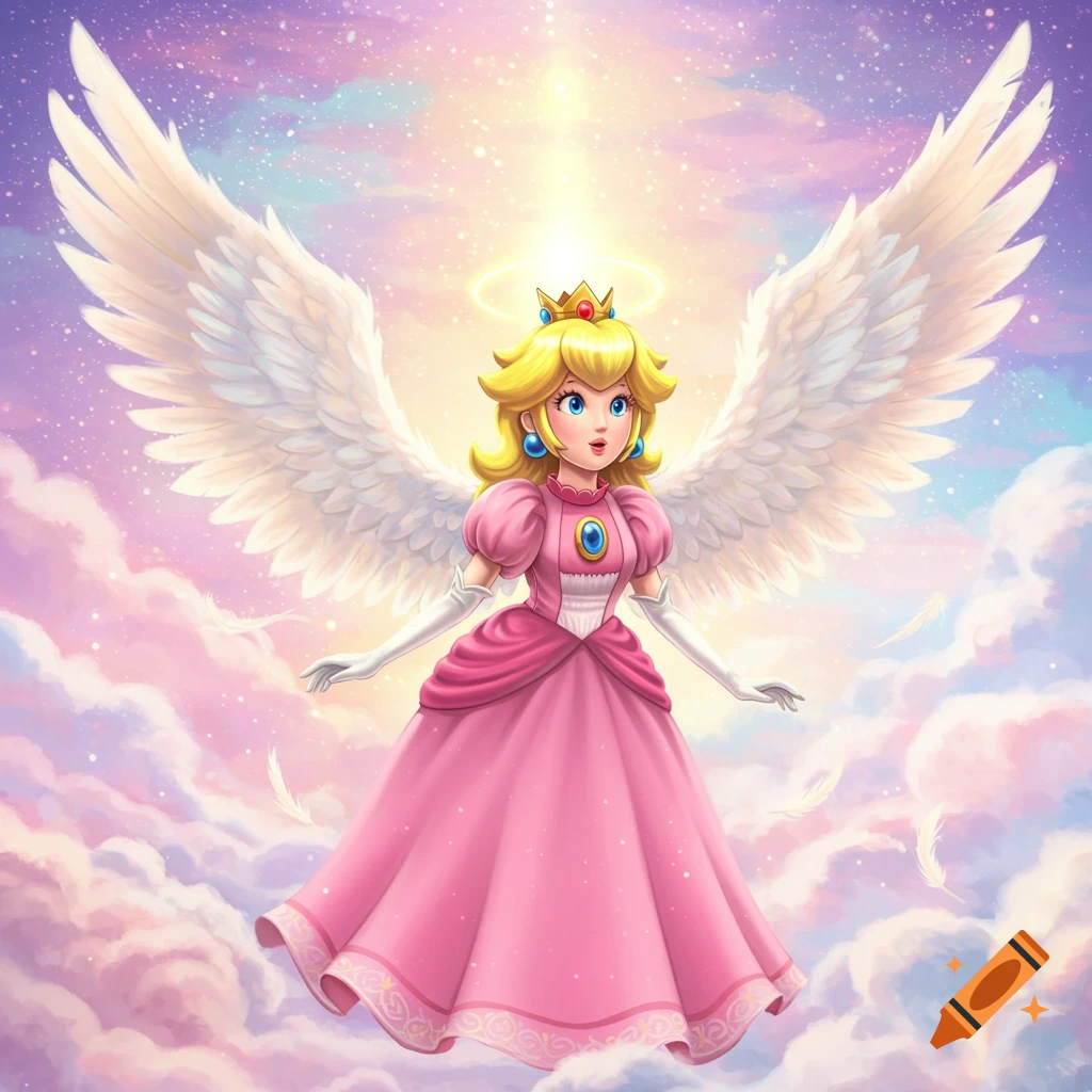 Princess Peach with angel wings floats in pastel clouds