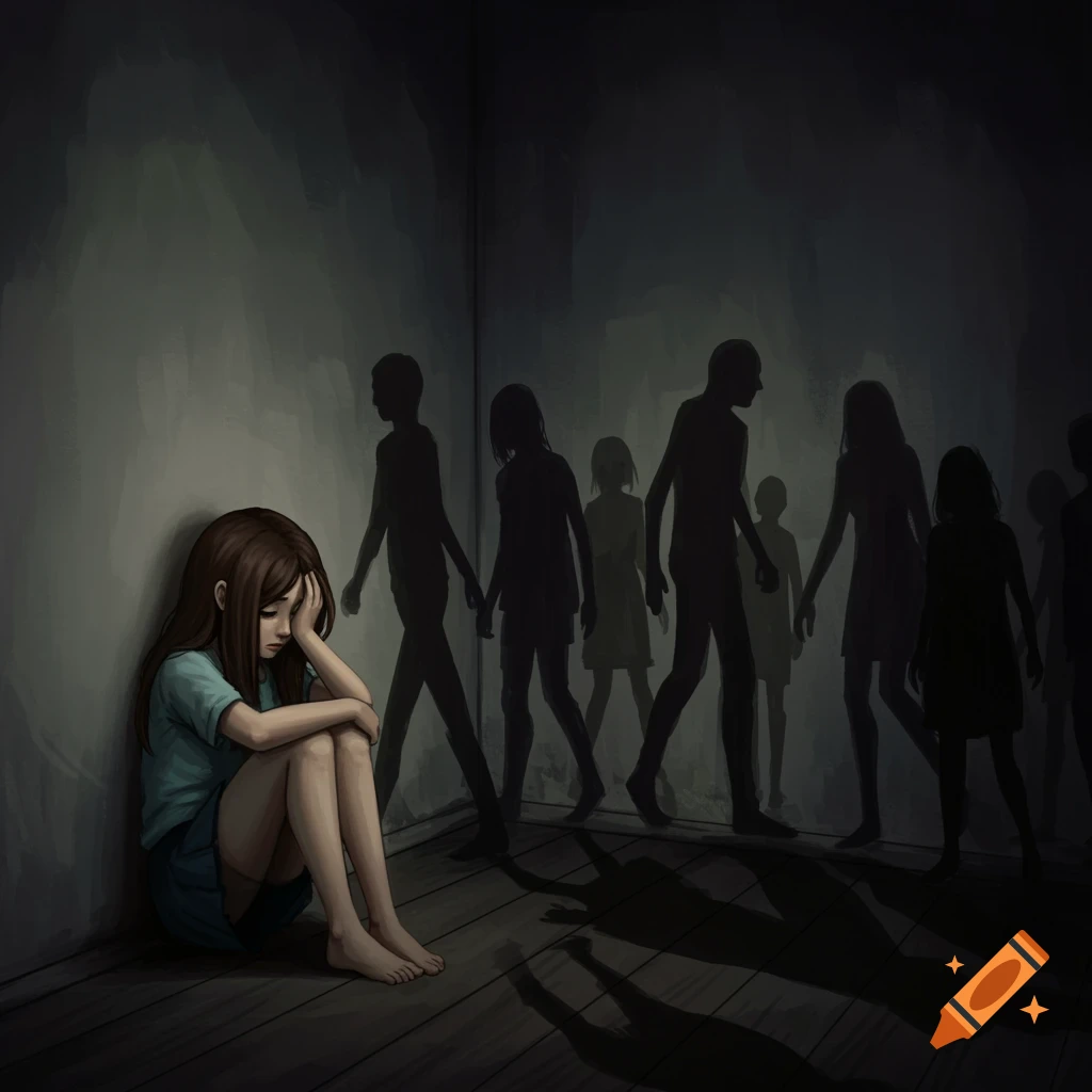 A girl sits alone in a corner as distorted shadows of people walk past.