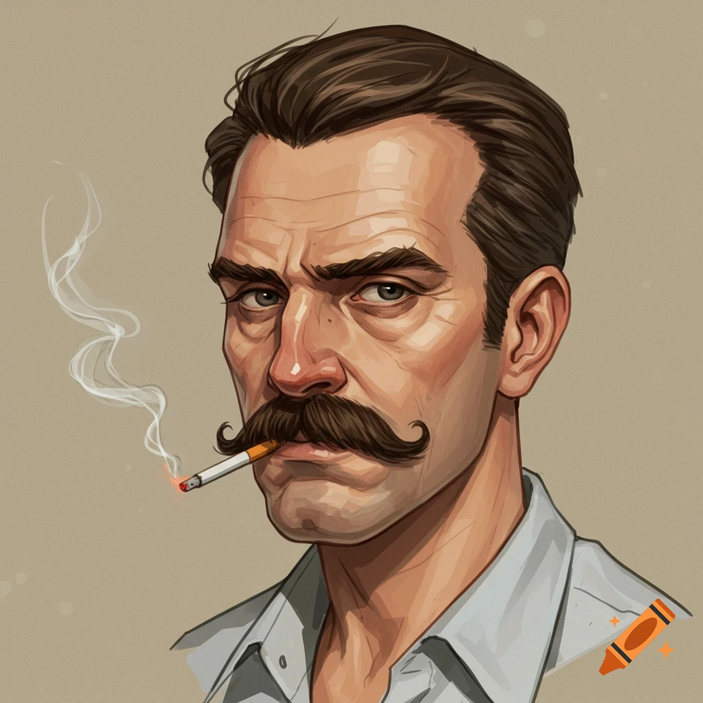 Illustrated portrait of a man with a mustache smoking a cigarette
