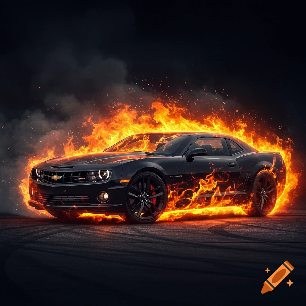 Black Camaro engulfed in flames on a dark road