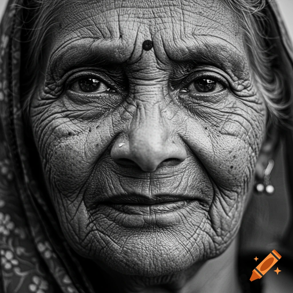 Black and white close-up portrait of an elderly woman's face, showing deep wrinkles.
