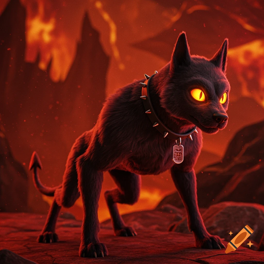 A dark hellhound with glowing eyes and a spiked collar stands on rocky terrain in a fiery setting.