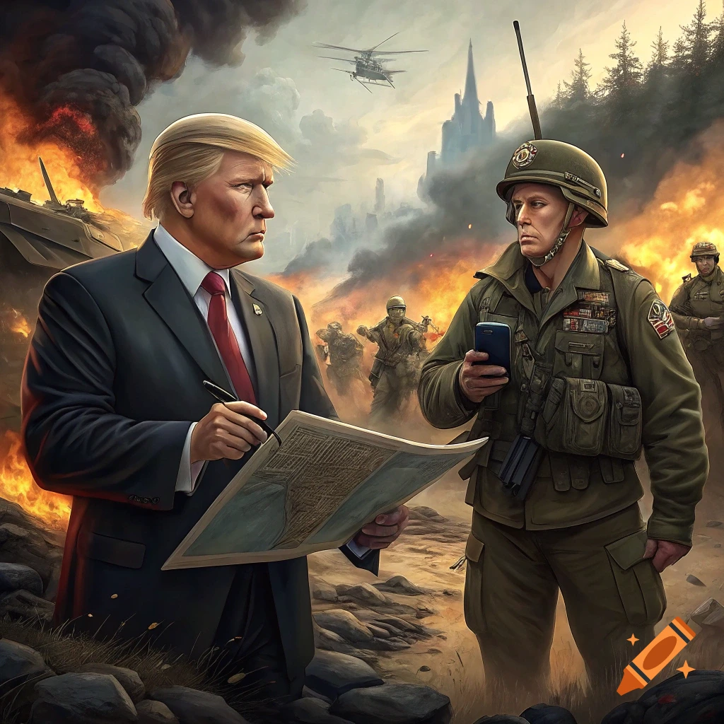 Donald Trump and a soldier with a map in a war zone with explosions and helicopters