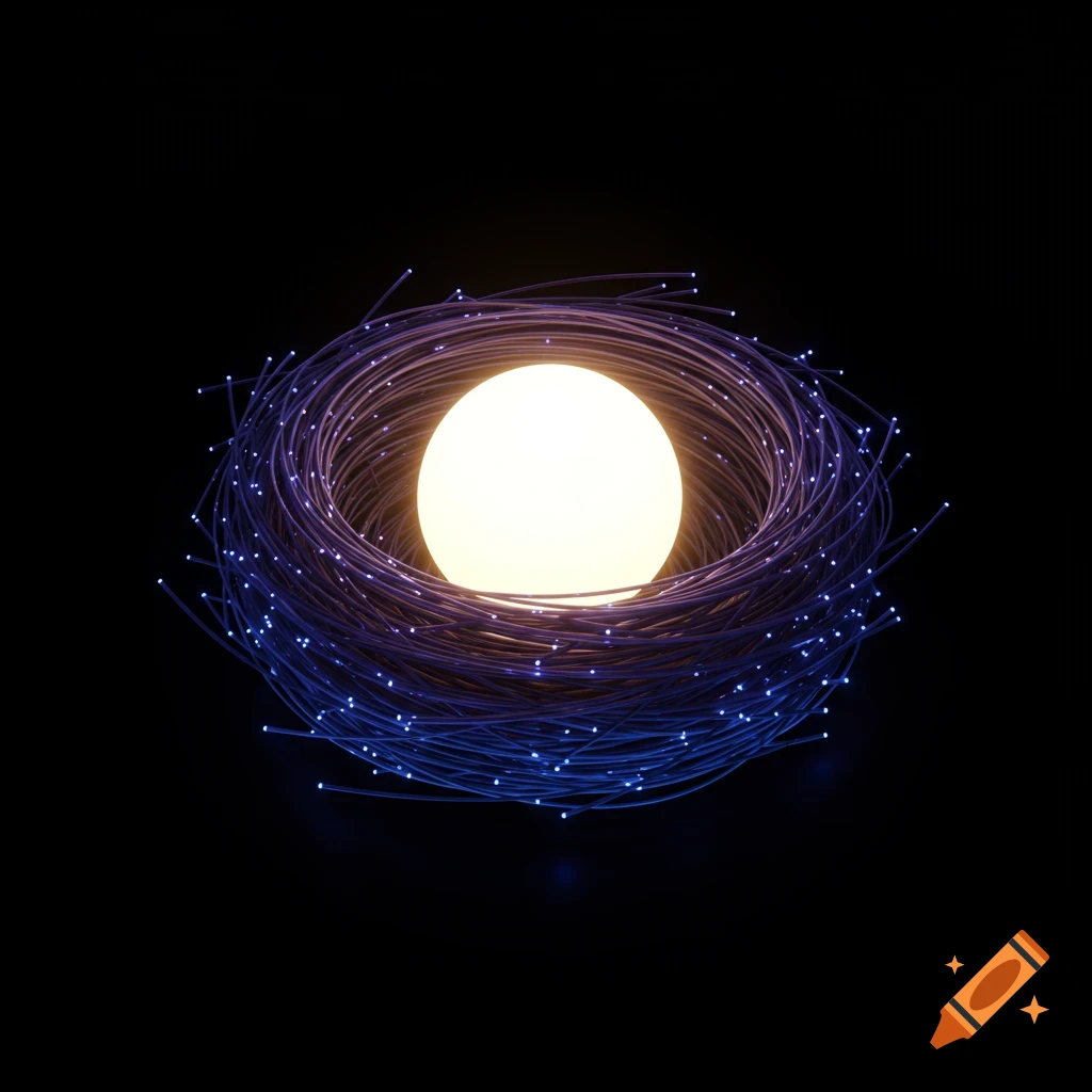 A glowing white orb rests in a nest made of blue fiber optic strands on a black background.